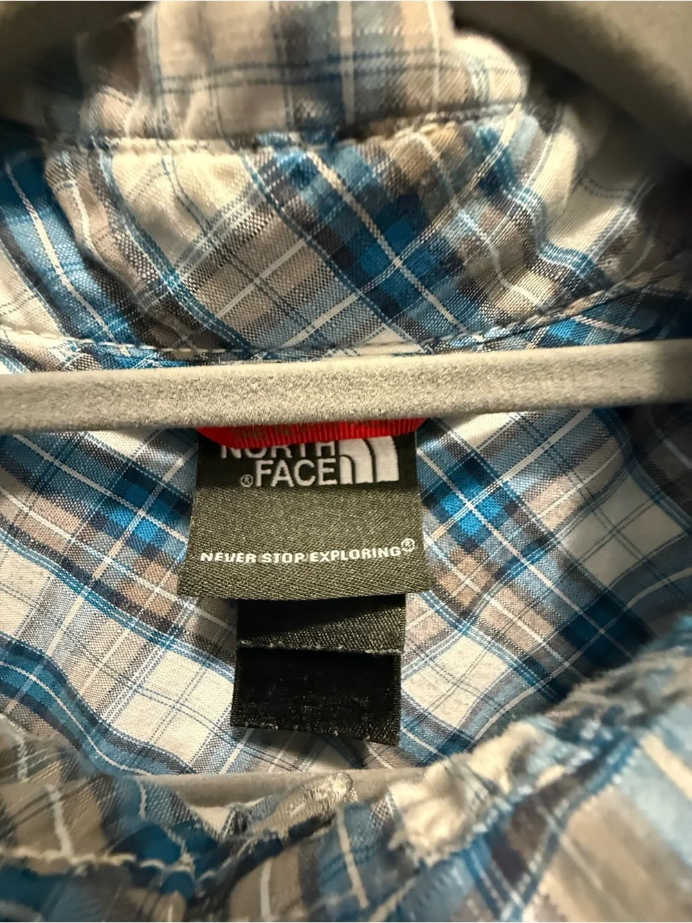 The North Face Men's Blue and White Plaid Short-Sleeve Button-Down Shirt